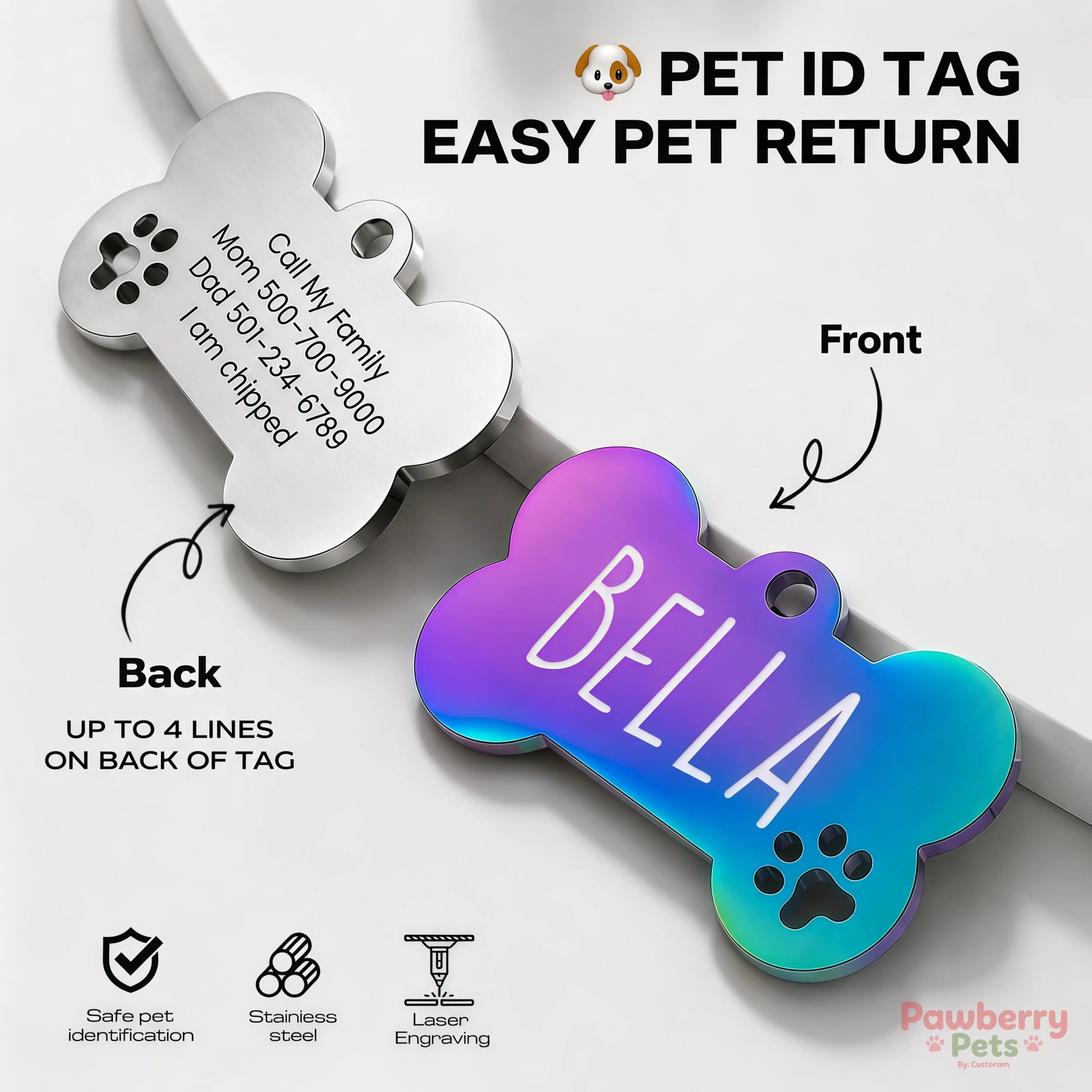 Custom Engraved Stainless Steel Dog Tag, Personalized Bone Pet ID Tag for Dogs & Cats, Metal Collar Name Tag with Split Ring, Pet Accessories